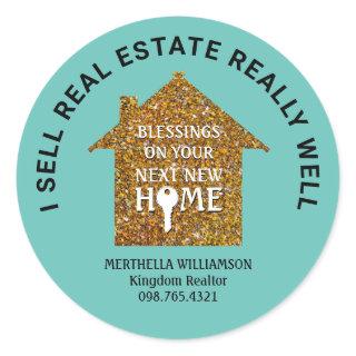 I SELL REAL ESTATE Stylish Teal Glitter Realtor Classic Round Sticker