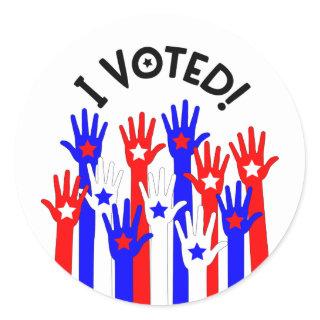 I voted! Red white blue stars voting hands Classic Round Sticker
