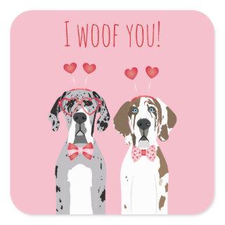 I Woof You Great Dane Dogs Pink Red Square Sticker