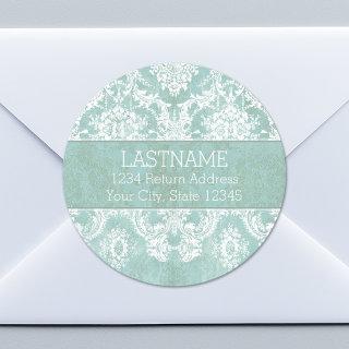 Ice Blue Vintage Damask Pattern with Grungy Finish Classic Round Sticker