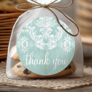 Ice Blue Vintage Damask Pattern with Grungy Finish Classic Round Sticker