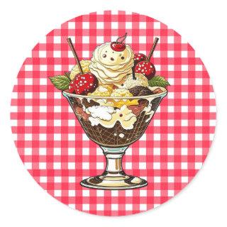 Ice Cream Sundae with Cherries Red Checkered Classic Round Sticker