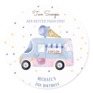 Ice cream truck 2 scoops second birthday classic round sticker