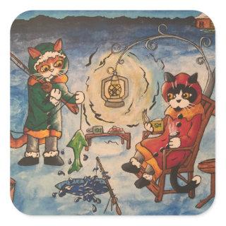 Ice Fishing at Night Cats Square Sticker
