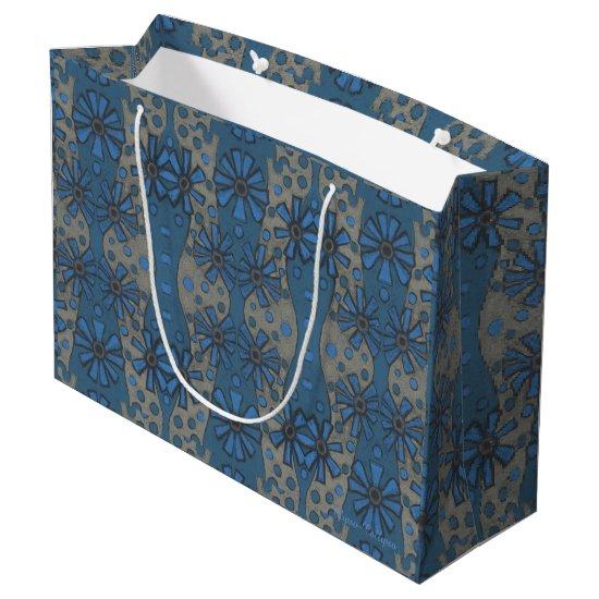 Ice flowers, blue & gray floral pattern, rustical large gift bag