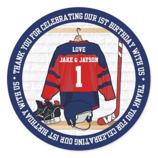 Ice Hockey Jersey Twins 1st Birthday Classic Round Sticker
