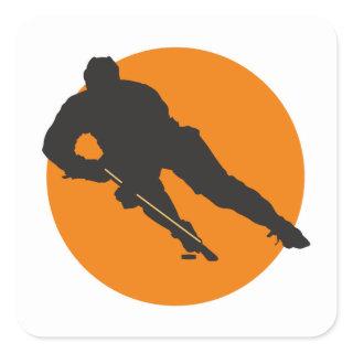 ice hockey silhouette orange circle design square sticker