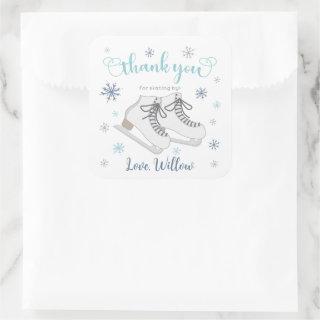 Ice Skating Winter, Blue Birthday Thank You Favor Square Sticker