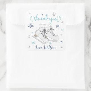 Ice Skating Winter, Blue Birthday Thank You Favor Square Sticker