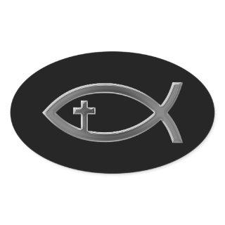 Ichthus - Christian Fish Symbol with Crucifix Oval Sticker