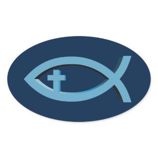 Ichthus - Christian Fish Symbol with Crucifix Oval Sticker