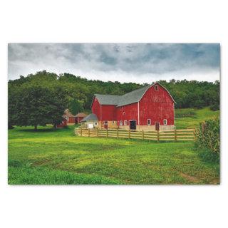 Idyllic Wisconsin Red Barns in Emerald Grass Field Tissue Paper