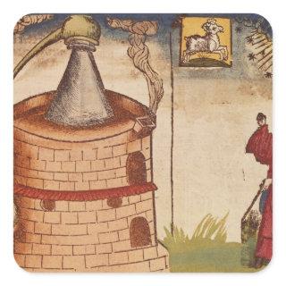 Illustration of an alchemist at work square sticker