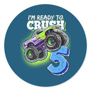 I'm Ready To Crush 5 Monster Truck 5th Birthday Classic Round Sticker