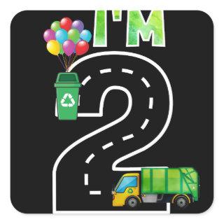 I'm Two 2 Years Old Birthday Boy Garbage Truck Square Sticker