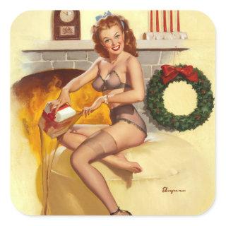 in Front of Fireplace,1940s Pin Up Art Square Sticker