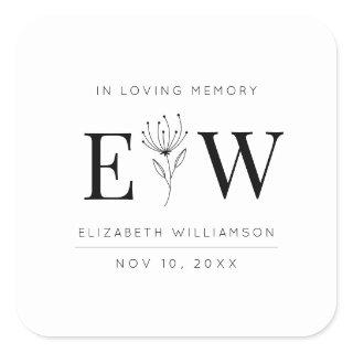In Loving Memory Memorial Modern Monogram Foliage Square Sticker