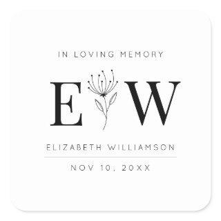 In Loving Memory Memorial Modern Monogram Foliage Square Sticker