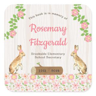 In memory of book plate, floral rabbits square sticker