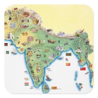 India, map with illustrations showing square sticker