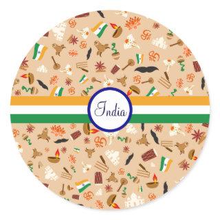 Indian cultural items with flag and text classic round sticker