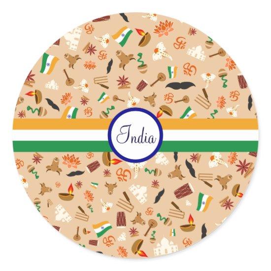 Indian cultural items with flag and text classic round sticker
