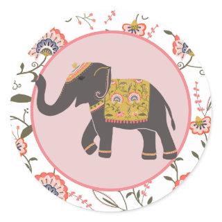 Indian Elephant Pink Yellow Flower Pattern Classic Round Sticker