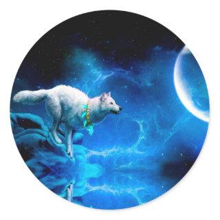 Indian wolf and the full moon classic round sticker
