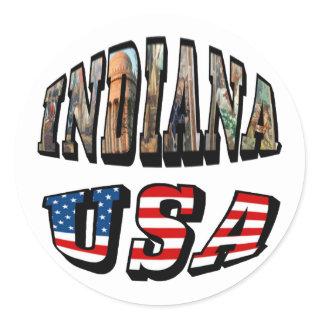 Indiana Picture and USA Flag Text Classic Round Sticker