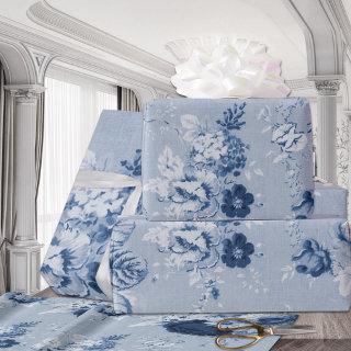 Indigo Blue Tone Vintage Floral Toile Fabric No.5