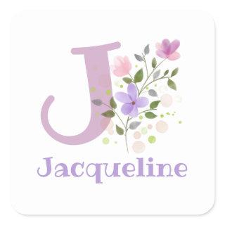 Initial J Plus Name Jacqueline & Flowers Design Square Sticker
