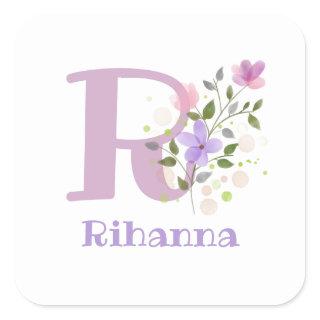 Initial Plus Name & Flowers Design Square Sticker