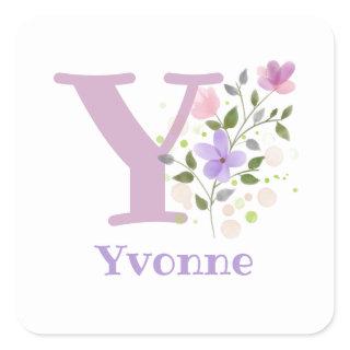 Initial Plus Name Yvonne & Flowers Design Square Sticker