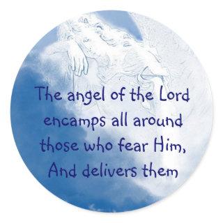Inspirational Scripture Angel In Clouds Psalm 34:7 Classic Round Sticker