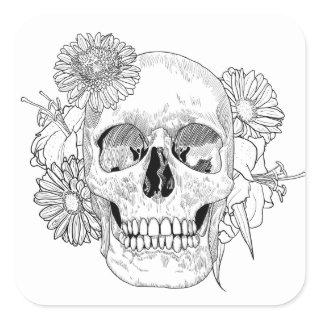 Inspired Skull And Flowers Square Sticker
