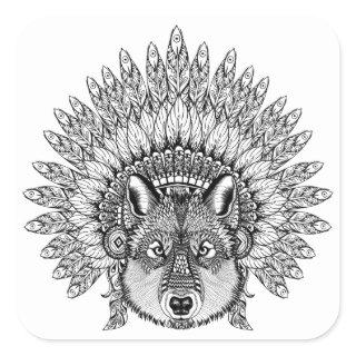 Inspired Wolf In Feathered War Bonnet Square Sticker