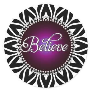 InspireMe! Believe Black White Mandala Plum Circle Classic Round Sticker