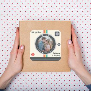 Instant Camera Couple Photo Unique Save The Date Square Sticker
