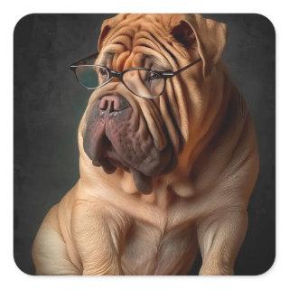 Intelligent Shar Pei Dog with Book Design Square Sticker