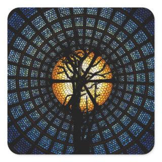 Intense Blue Golden Tree in Front of Vitral Design Square Sticker
