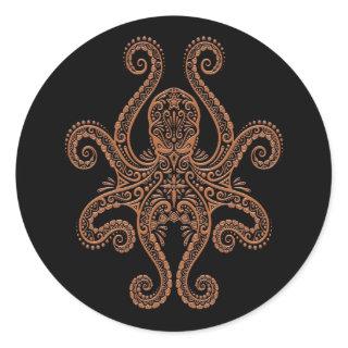 Intricate Brown Octopus on Black Classic Round Sticker