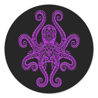 Intricate Purple Octopus on Black Classic Round Sticker