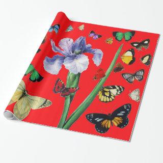 IRIS AMONG COLORFUL BUTTERFLIES Red Floral