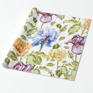 Iris and roses watercolor floral pattern