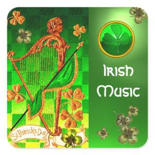 IRISH HARP, GREEN GOLD SHAMROCKS St Patrick's Day Square Sticker