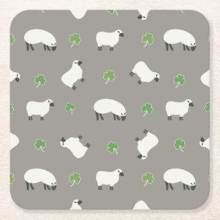 Irish Shamrock and Sheep Pattern Square Paper Coaster