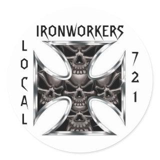 Ironworkers Skull IronCross Local, 721 Classic Round Sticker