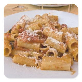 Italy, Positano. Display plate of rigatoni. Square Sticker