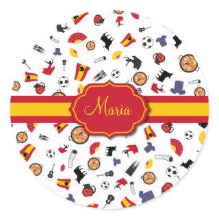 Items of Spain with flag to add your name Classic Round Sticker