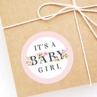 Its a Baby Girl Pink Floral Watercolor Baby Shower Classic Round Sticker
